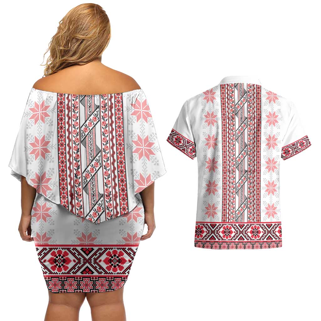Ukraine Couples Matching Off Shoulder Short Dress and Hawaiian Shirt Traditional Braided Rope Belt Red Folk Pattern