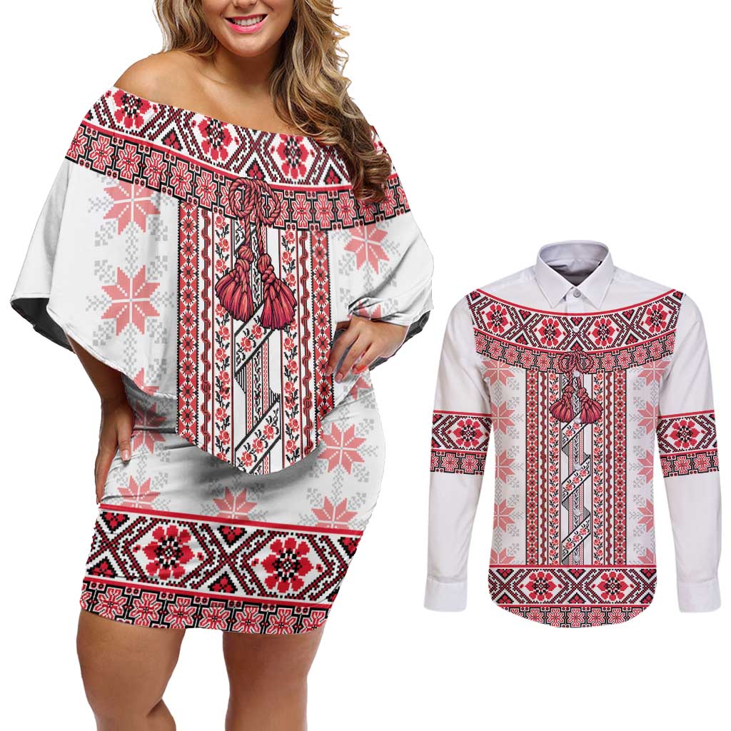 Ukraine Couples Matching Off Shoulder Short Dress and Long Sleeve Button Shirt Traditional Braided Rope Belt Red Folk Pattern
