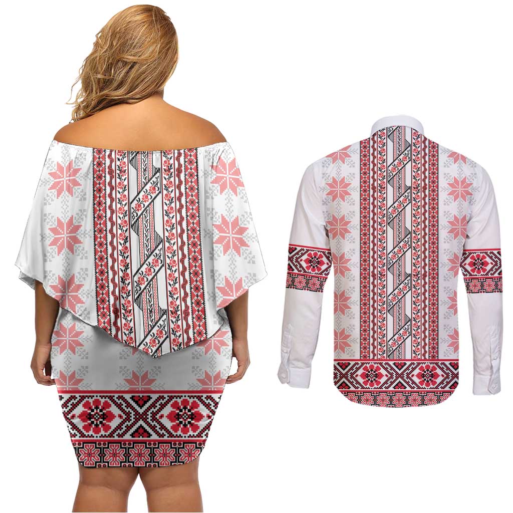 Ukraine Couples Matching Off Shoulder Short Dress and Long Sleeve Button Shirt Traditional Braided Rope Belt Red Folk Pattern