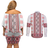Ukraine Couples Matching Off Shoulder Short Dress and Long Sleeve Button Shirt Traditional Braided Rope Belt Red Folk Pattern