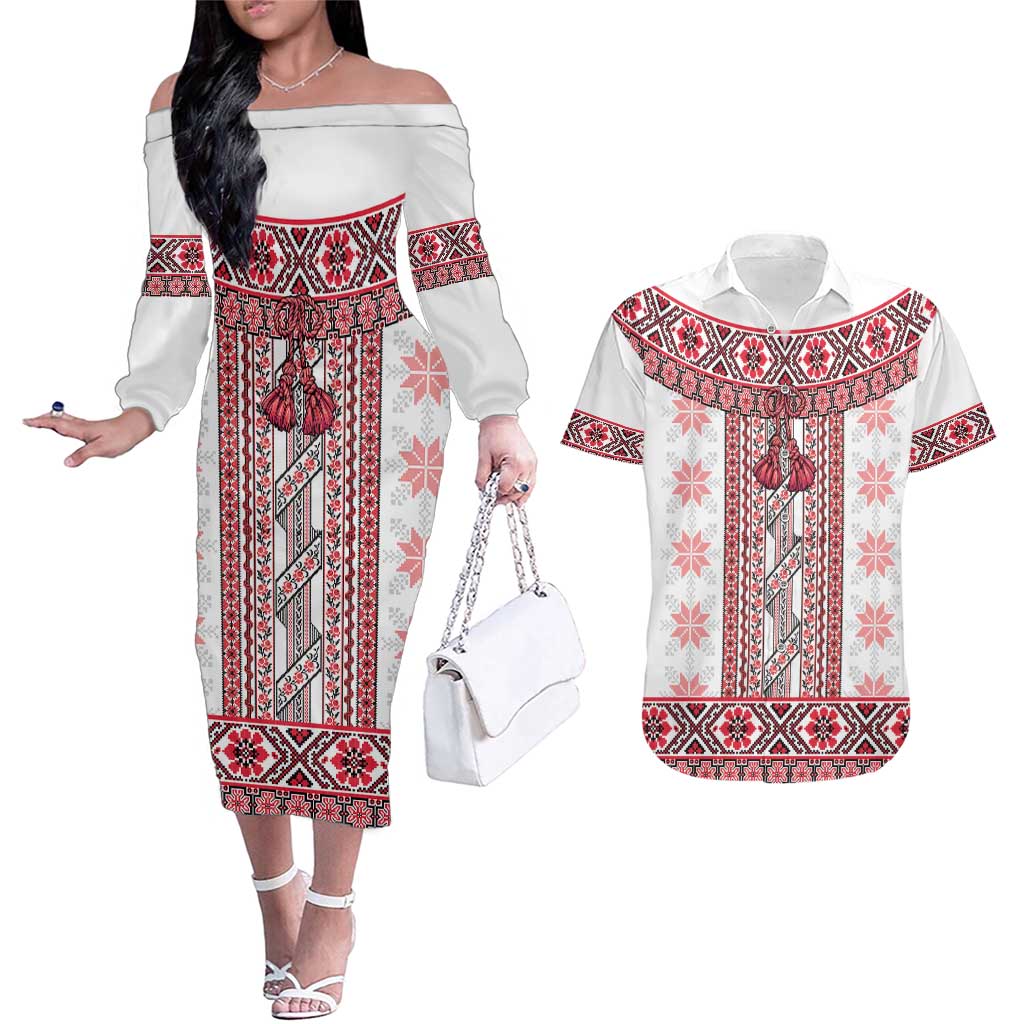 Ukraine Couples Matching Off The Shoulder Long Sleeve Dress and Hawaiian Shirt Traditional Braided Rope Belt Red Folk Pattern