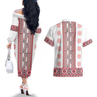 Ukraine Couples Matching Off The Shoulder Long Sleeve Dress and Hawaiian Shirt Traditional Braided Rope Belt Red Folk Pattern