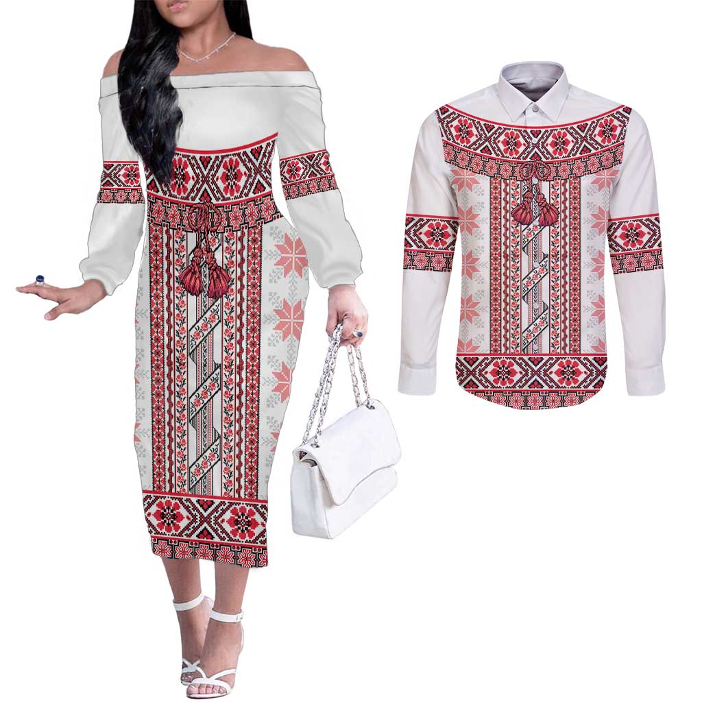 Ukraine Couples Matching Off The Shoulder Long Sleeve Dress and Long Sleeve Button Shirt Traditional Braided Rope Belt Red Folk Pattern
