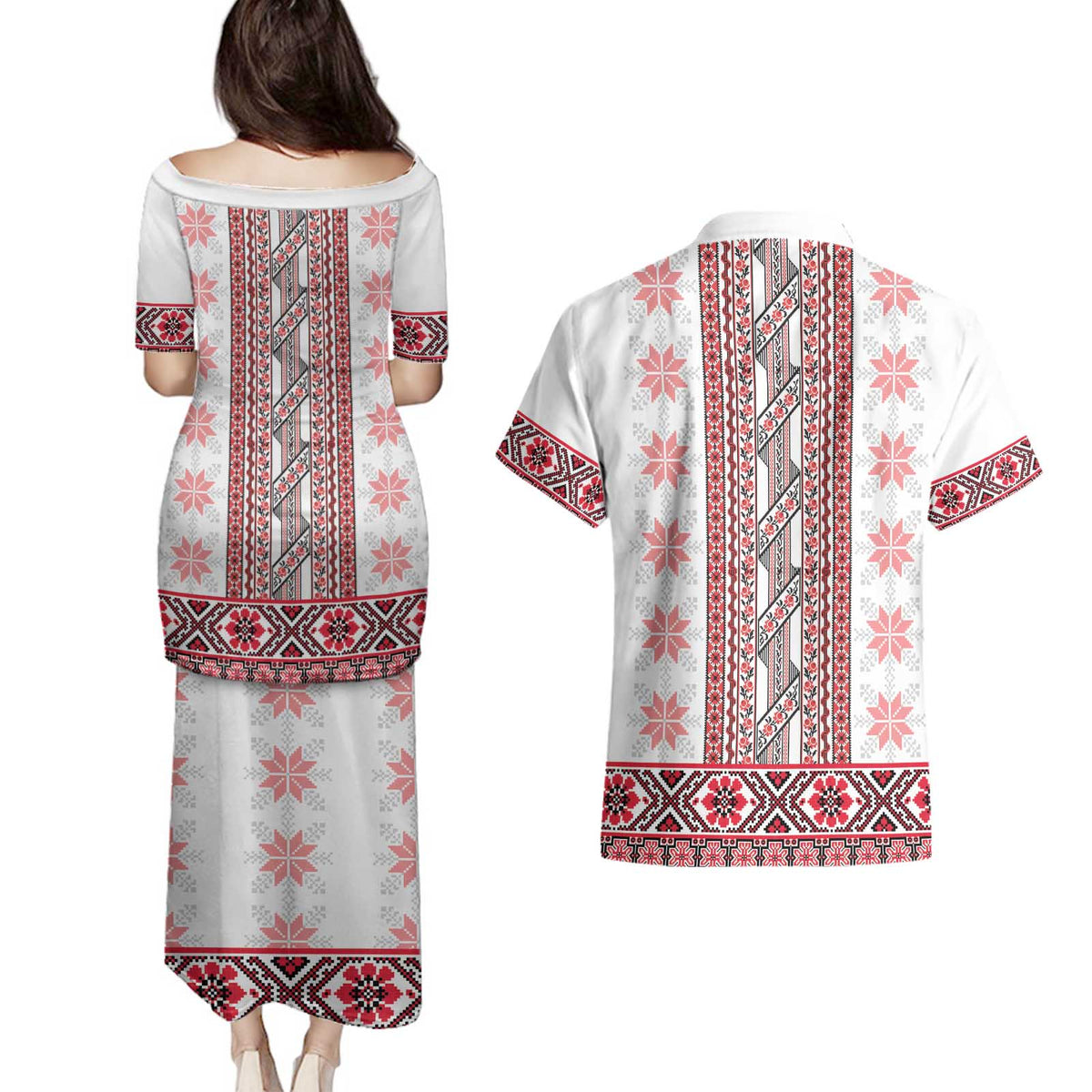 Ukraine Couples Matching Puletasi and Hawaiian Shirt Traditional Braided Rope Belt Red Folk Pattern