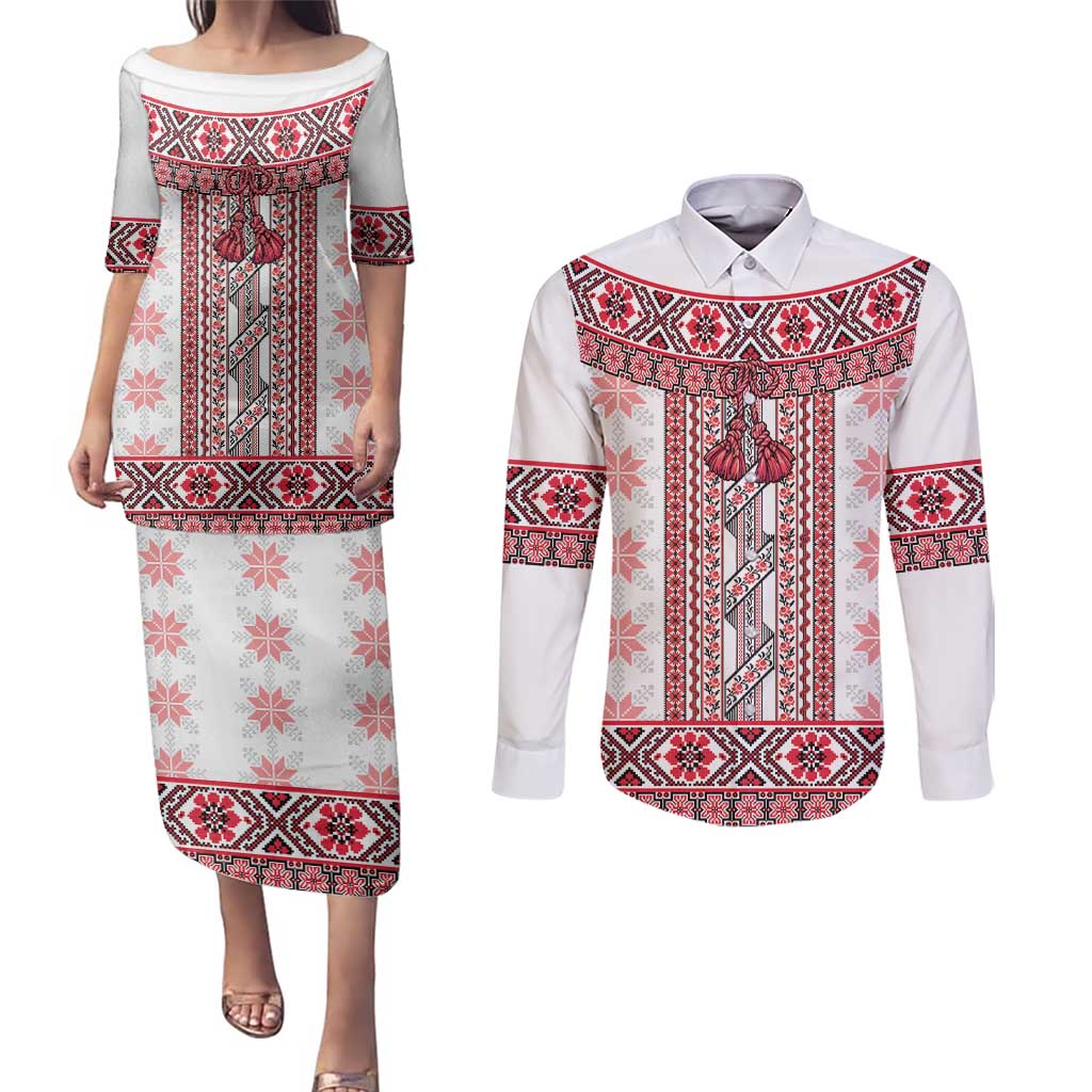 Ukraine Couples Matching Puletasi and Long Sleeve Button Shirt Traditional Braided Rope Belt Red Folk Pattern