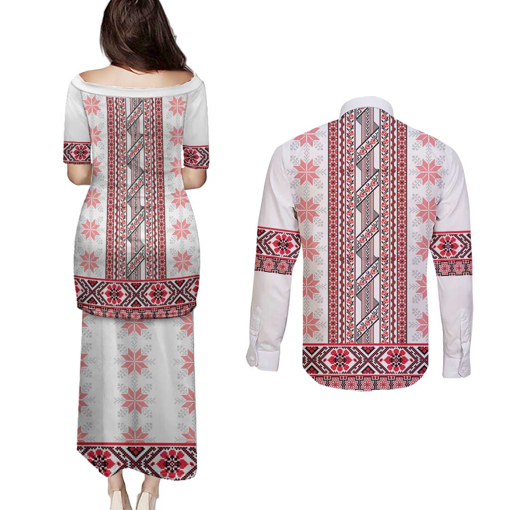 Ukraine Couples Matching Puletasi and Long Sleeve Button Shirt Traditional Braided Rope Belt Red Folk Pattern