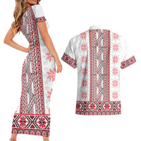 Ukraine Couples Matching Short Sleeve Bodycon Dress and Hawaiian Shirt Traditional Braided Rope Belt Red Folk Pattern