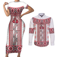 Ukraine Couples Matching Short Sleeve Bodycon Dress and Long Sleeve Button Shirt Traditional Braided Rope Belt Red Folk Pattern
