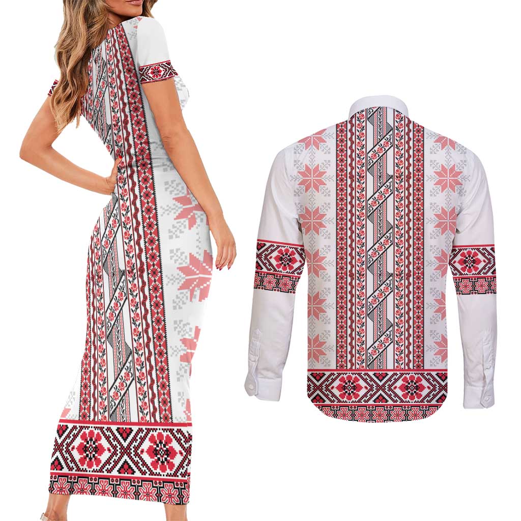 Ukraine Couples Matching Short Sleeve Bodycon Dress and Long Sleeve Button Shirt Traditional Braided Rope Belt Red Folk Pattern