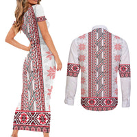 Ukraine Couples Matching Short Sleeve Bodycon Dress and Long Sleeve Button Shirt Traditional Braided Rope Belt Red Folk Pattern