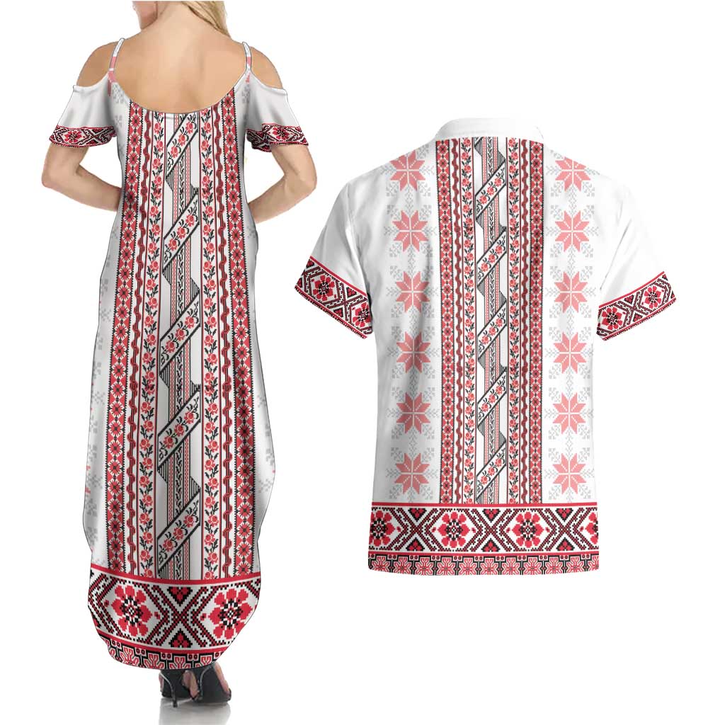 Ukraine Couples Matching Summer Maxi Dress and Hawaiian Shirt Traditional Braided Rope Belt Red Folk Pattern