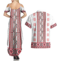 Ukraine Couples Matching Summer Maxi Dress and Hawaiian Shirt Traditional Braided Rope Belt Red Folk Pattern