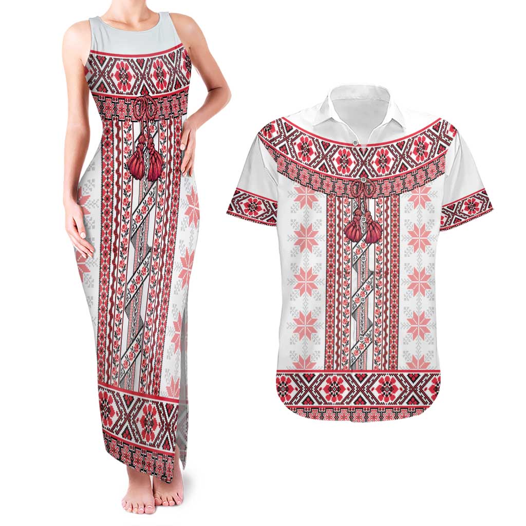 Ukraine Couples Matching Tank Maxi Dress and Hawaiian Shirt Traditional Braided Rope Belt Red Folk Pattern