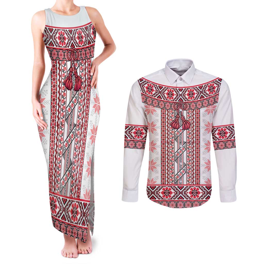 Ukraine Couples Matching Tank Maxi Dress and Long Sleeve Button Shirt Traditional Braided Rope Belt Red Folk Pattern