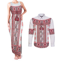 Ukraine Couples Matching Tank Maxi Dress and Long Sleeve Button Shirt Traditional Braided Rope Belt Red Folk Pattern