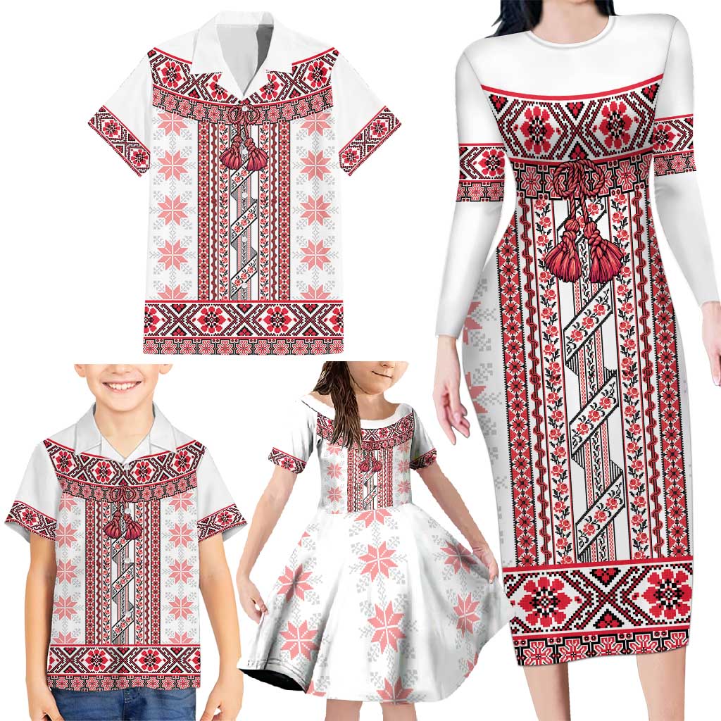 Ukraine Family Matching Long Sleeve Bodycon Dress and Hawaiian Shirt Traditional Braided Rope Belt Red Folk Pattern