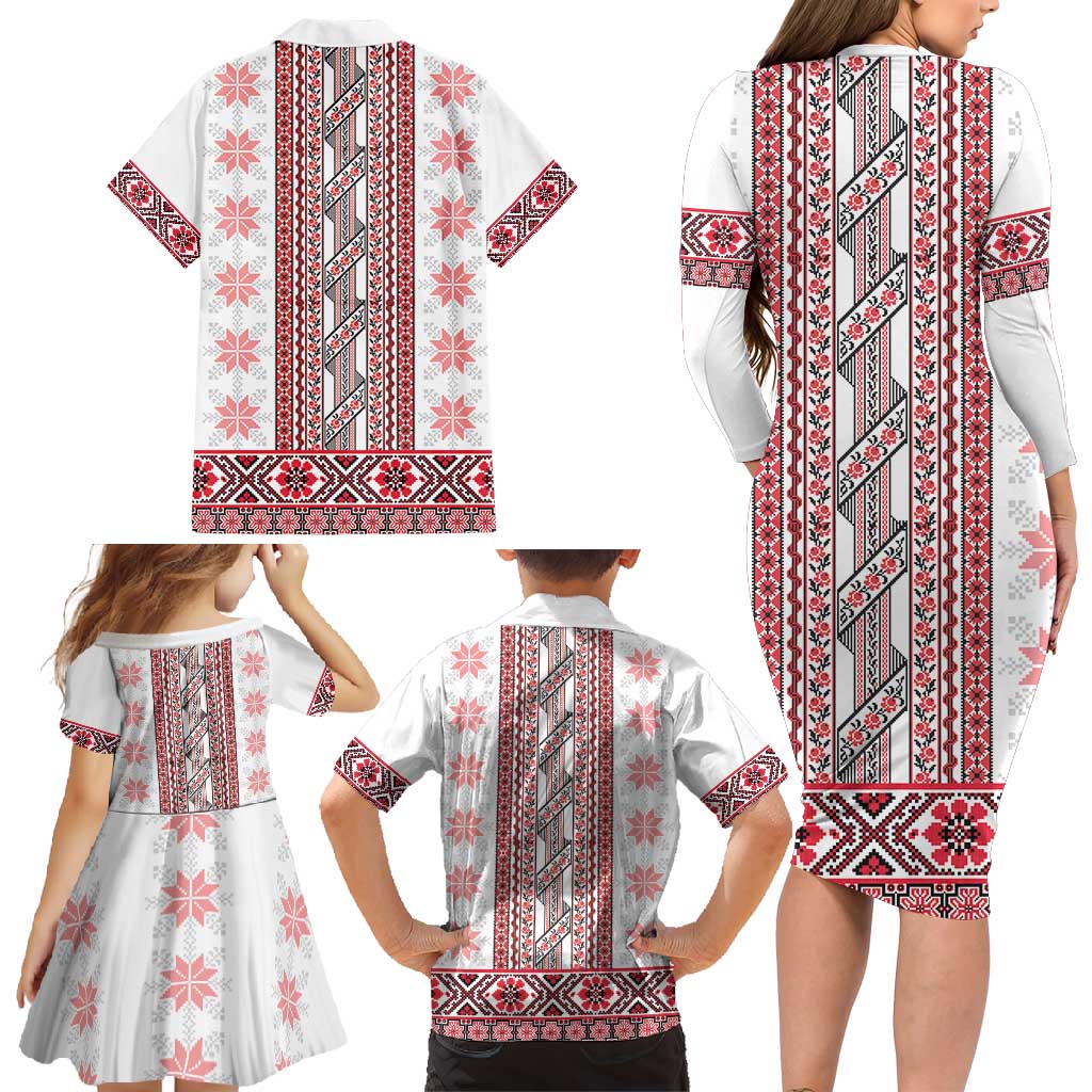 Ukraine Family Matching Long Sleeve Bodycon Dress and Hawaiian Shirt Traditional Braided Rope Belt Red Folk Pattern