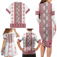 Ukraine Family Matching Long Sleeve Bodycon Dress and Hawaiian Shirt Traditional Braided Rope Belt Red Folk Pattern