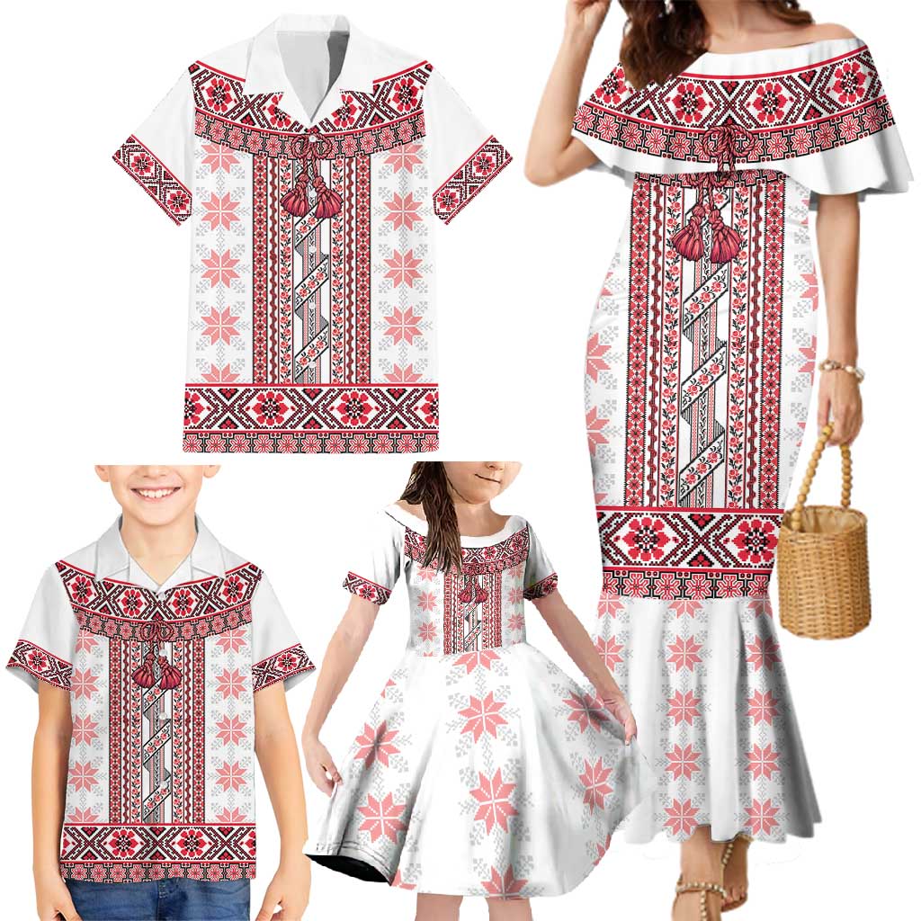 Ukraine Family Matching Mermaid Dress and Hawaiian Shirt Traditional Braided Rope Belt Red Folk Pattern