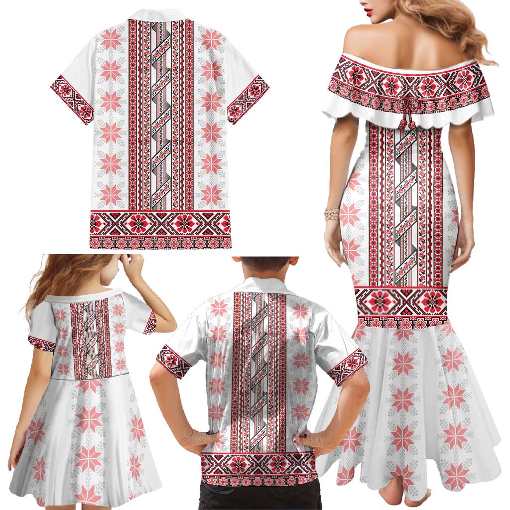 Ukraine Family Matching Mermaid Dress and Hawaiian Shirt Traditional Braided Rope Belt Red Folk Pattern