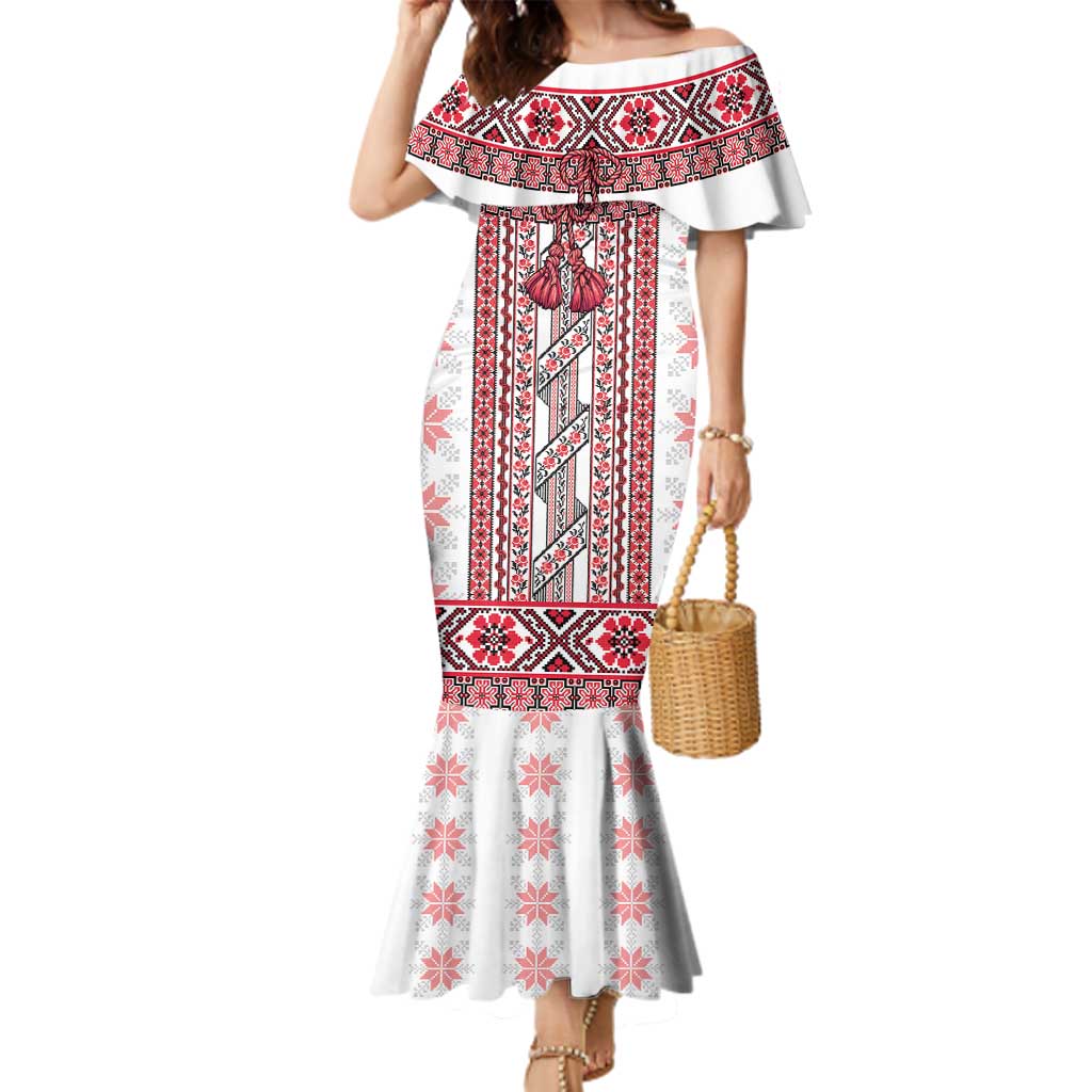 Ukraine Family Matching Mermaid Dress and Hawaiian Shirt Traditional Braided Rope Belt Red Folk Pattern