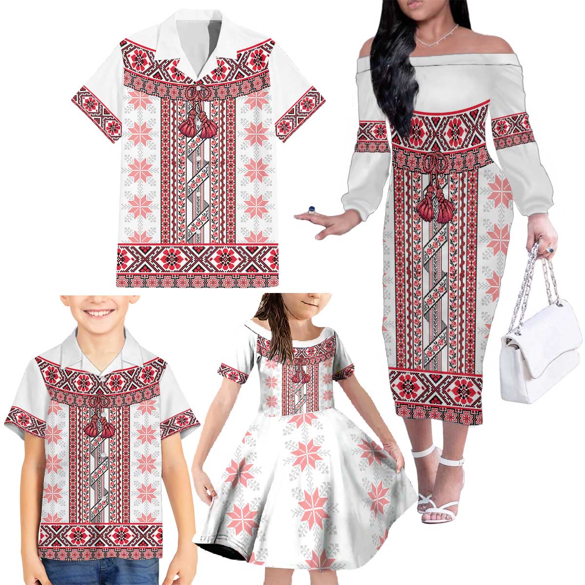 Ukraine Family Matching Off The Shoulder Long Sleeve Dress and Hawaiian Shirt Traditional Braided Rope Belt Red Folk Pattern