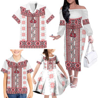 Ukraine Family Matching Off The Shoulder Long Sleeve Dress and Hawaiian Shirt Traditional Braided Rope Belt Red Folk Pattern