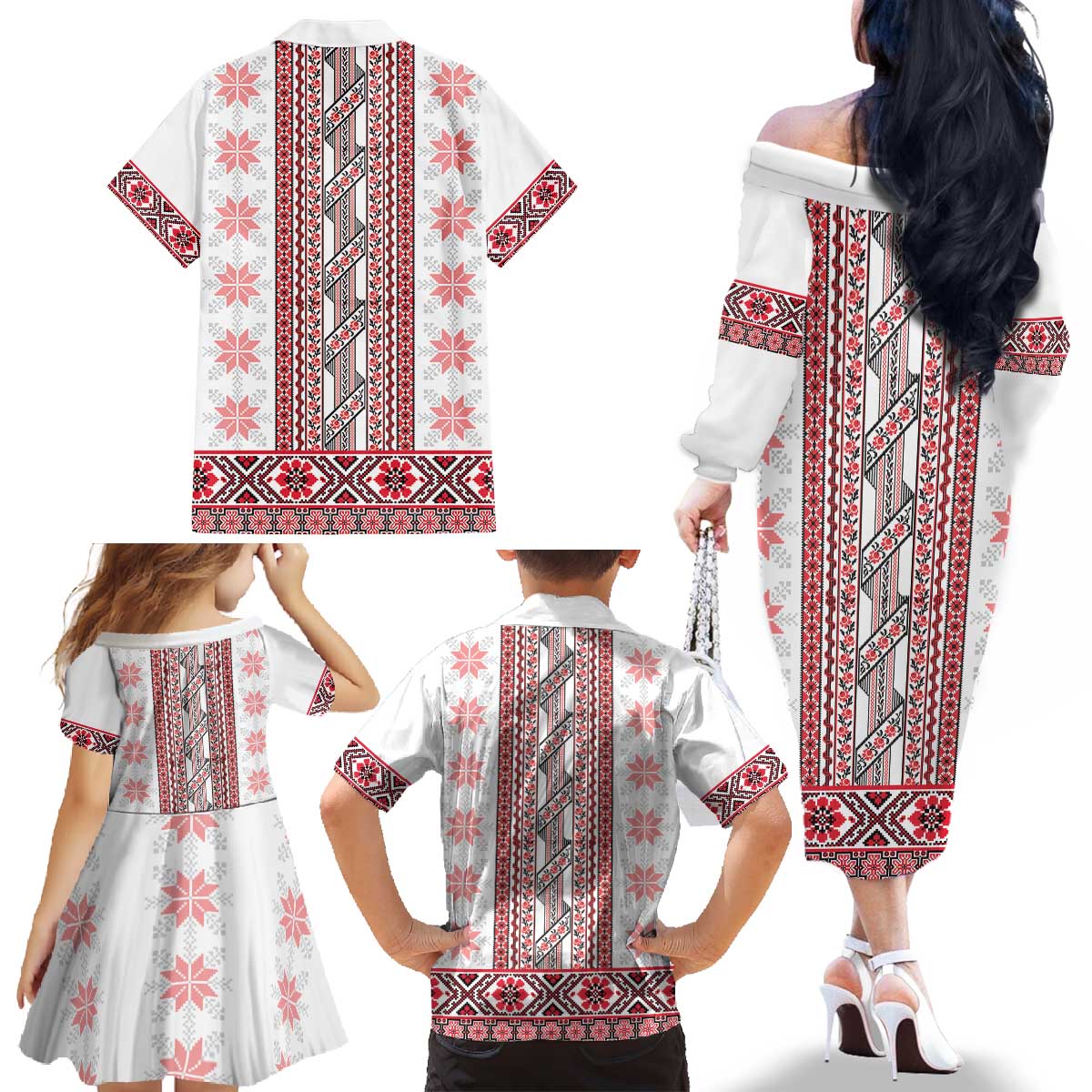 Ukraine Family Matching Off The Shoulder Long Sleeve Dress and Hawaiian Shirt Traditional Braided Rope Belt Red Folk Pattern