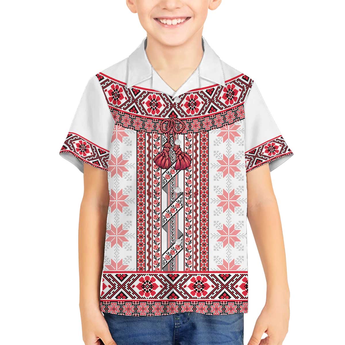 Ukraine Family Matching Off The Shoulder Long Sleeve Dress and Hawaiian Shirt Traditional Braided Rope Belt Red Folk Pattern