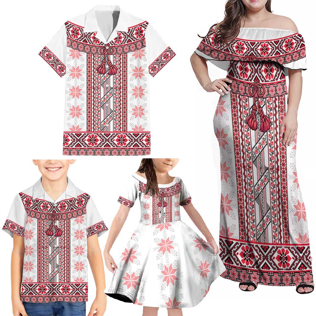 Ukraine Family Matching Off Shoulder Maxi Dress and Hawaiian Shirt Traditional Braided Rope Belt Red Folk Pattern
