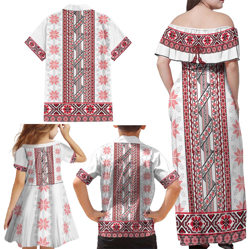 Ukraine Family Matching Off Shoulder Maxi Dress and Hawaiian Shirt Traditional Braided Rope Belt Red Folk Pattern