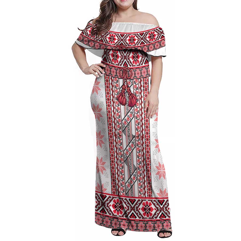 Ukraine Family Matching Off Shoulder Maxi Dress and Hawaiian Shirt Traditional Braided Rope Belt Red Folk Pattern