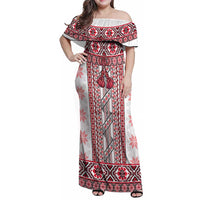 Ukraine Family Matching Off Shoulder Maxi Dress and Hawaiian Shirt Traditional Braided Rope Belt Red Folk Pattern