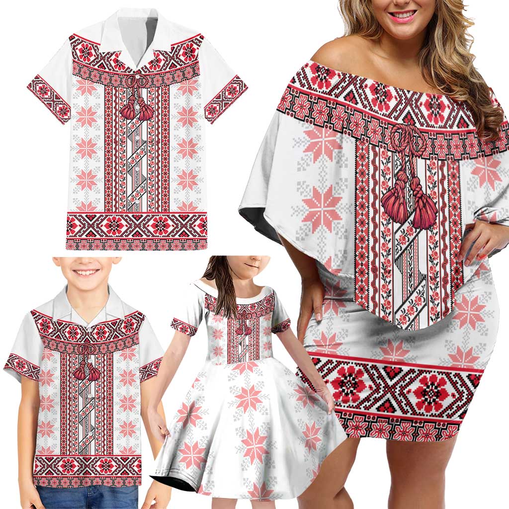 Ukraine Family Matching Off Shoulder Short Dress and Hawaiian Shirt Traditional Braided Rope Belt Red Folk Pattern