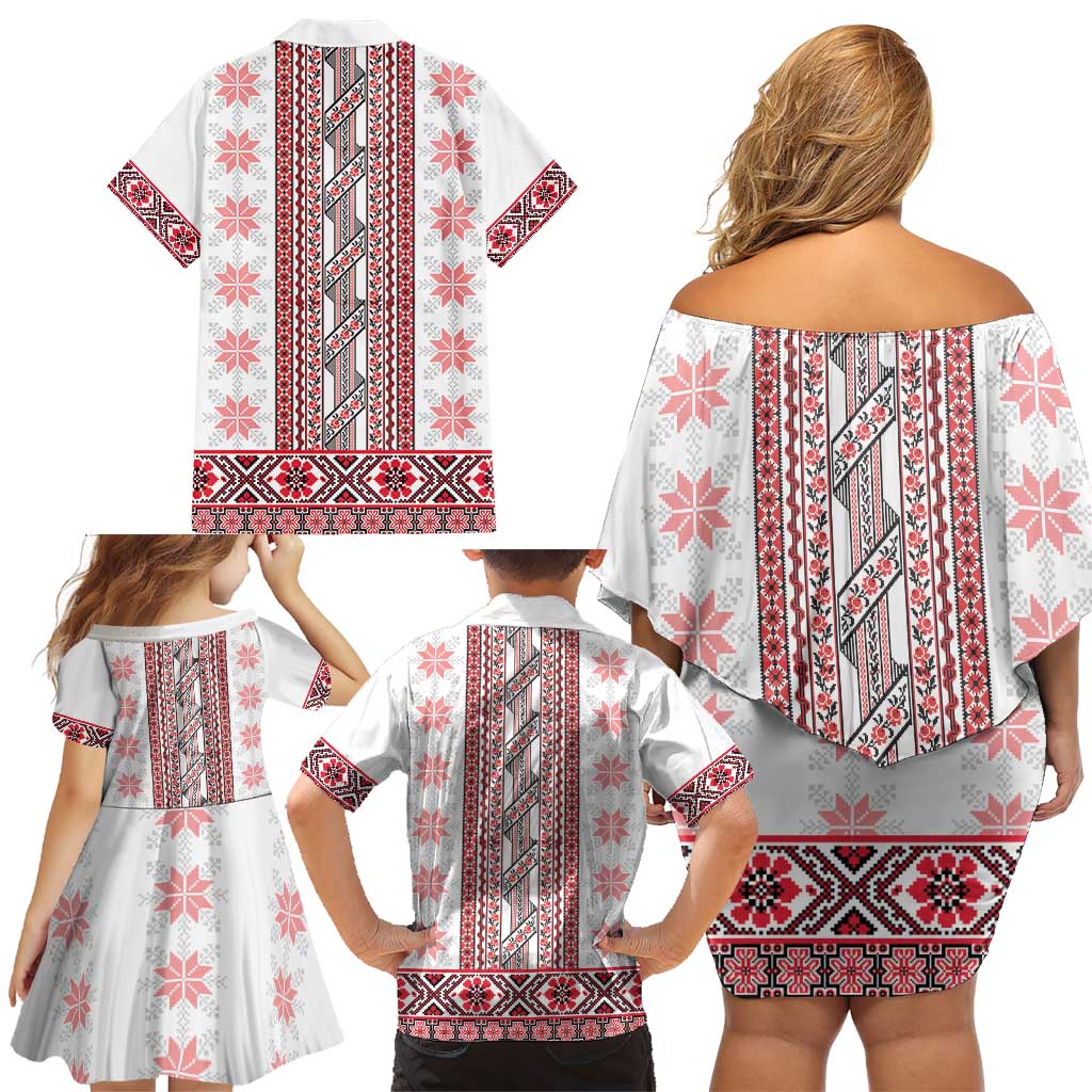 Ukraine Family Matching Off Shoulder Short Dress and Hawaiian Shirt Traditional Braided Rope Belt Red Folk Pattern