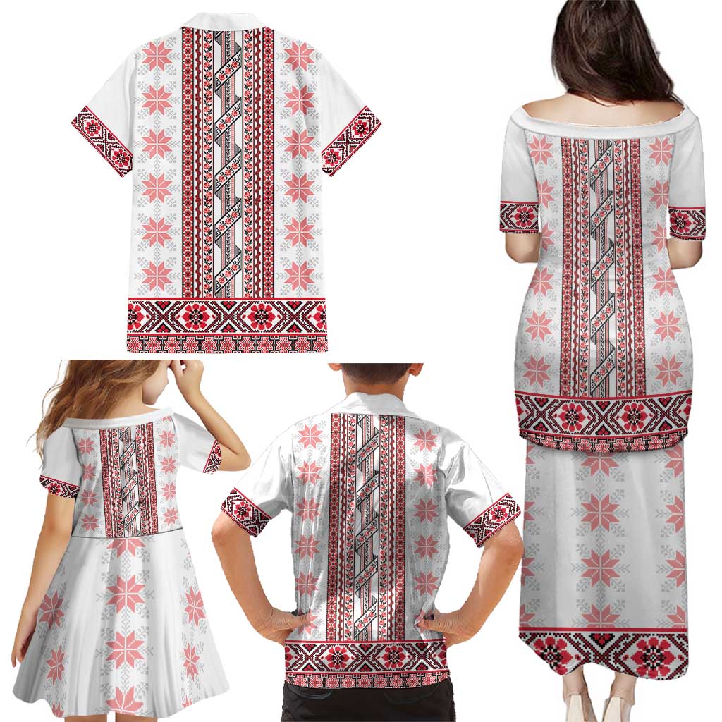 Ukraine Family Matching Puletasi and Hawaiian Shirt Traditional Braided Rope Belt Red Folk Pattern