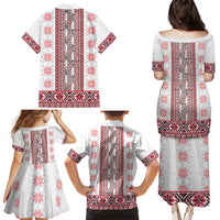 Ukraine Family Matching Puletasi and Hawaiian Shirt Traditional Braided Rope Belt Red Folk Pattern