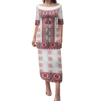 Ukraine Family Matching Puletasi and Hawaiian Shirt Traditional Braided Rope Belt Red Folk Pattern