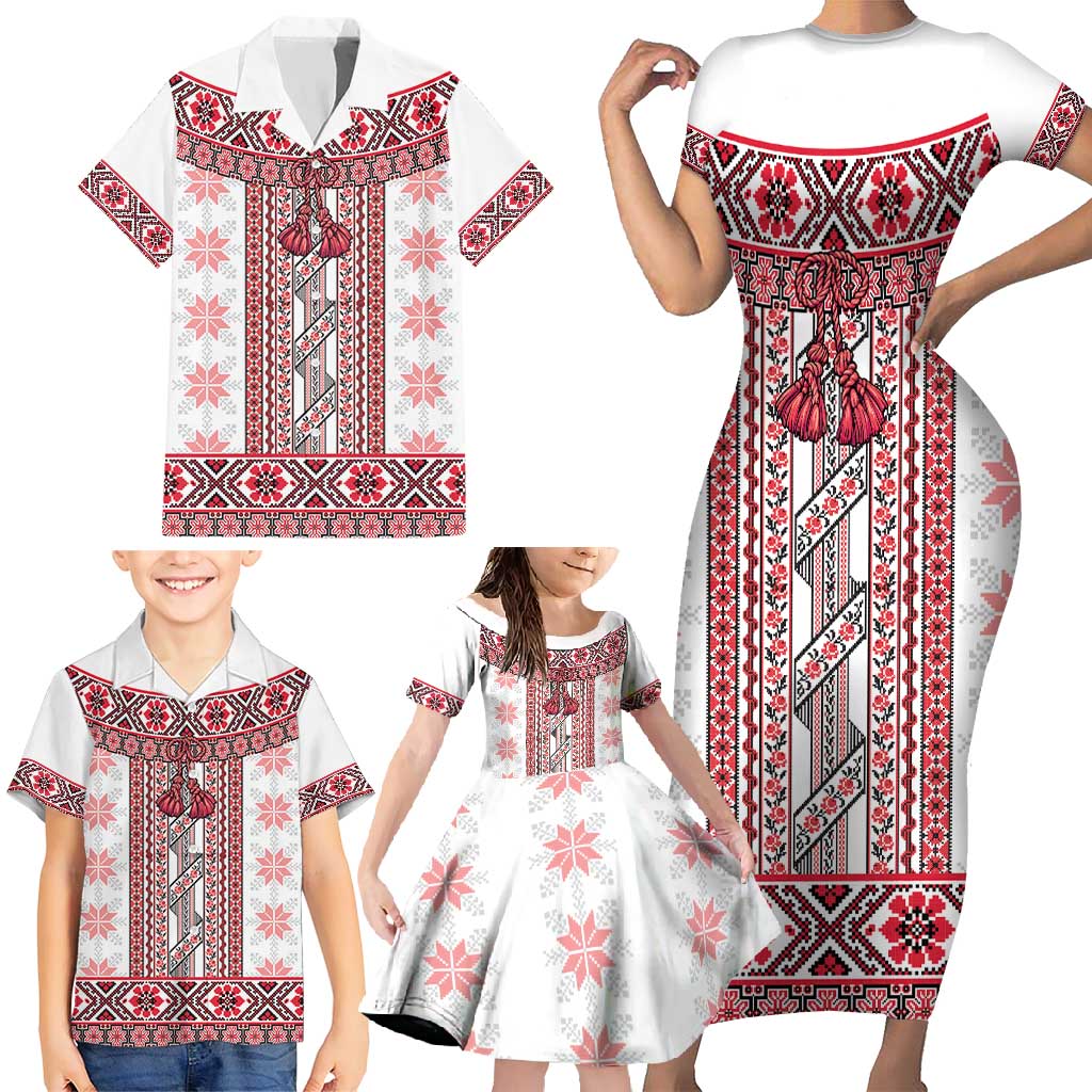 Ukraine Family Matching Short Sleeve Bodycon Dress and Hawaiian Shirt Traditional Braided Rope Belt Red Folk Pattern