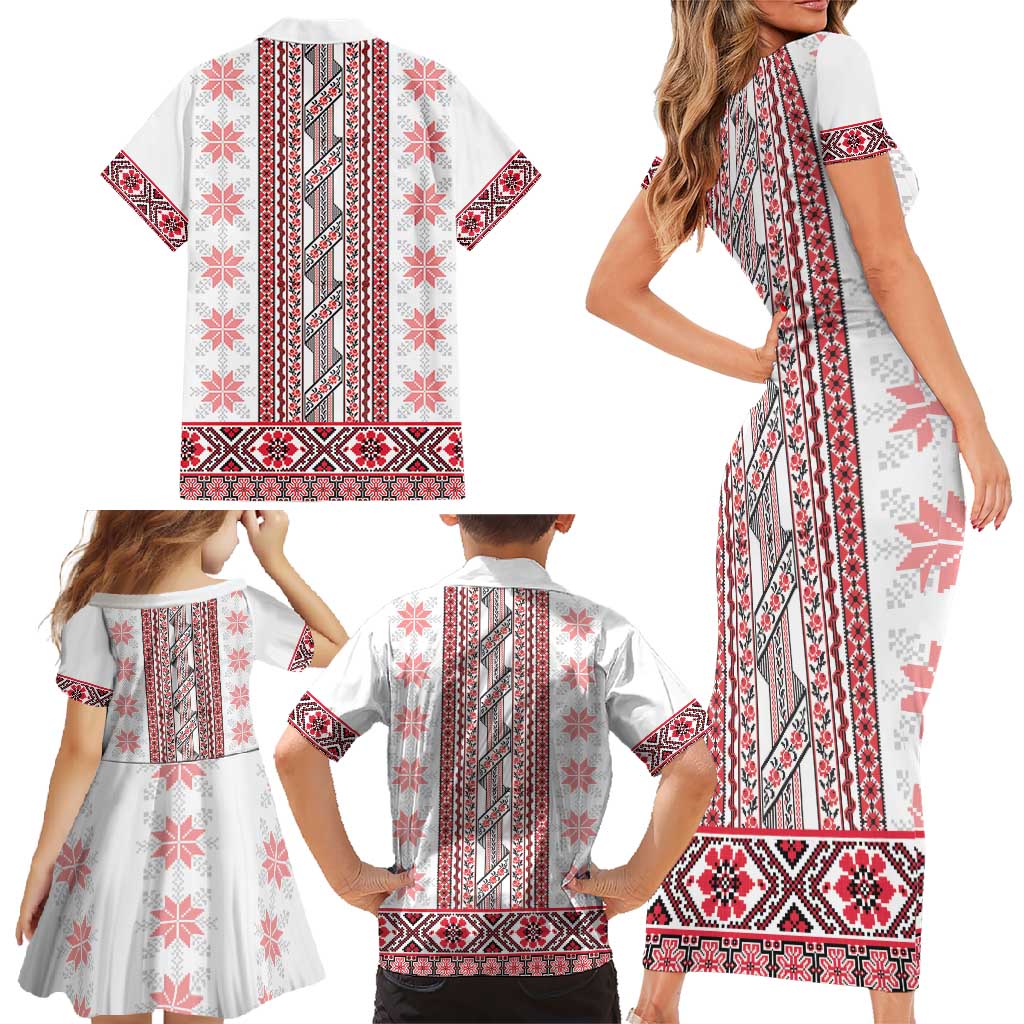 Ukraine Family Matching Short Sleeve Bodycon Dress and Hawaiian Shirt Traditional Braided Rope Belt Red Folk Pattern