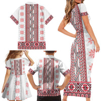 Ukraine Family Matching Short Sleeve Bodycon Dress and Hawaiian Shirt Traditional Braided Rope Belt Red Folk Pattern