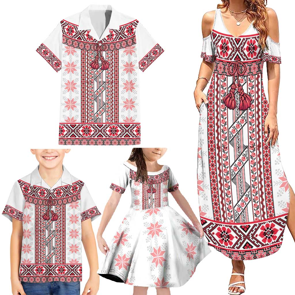 Ukraine Family Matching Summer Maxi Dress and Hawaiian Shirt Traditional Braided Rope Belt Red Folk Pattern