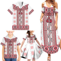 Ukraine Family Matching Summer Maxi Dress and Hawaiian Shirt Traditional Braided Rope Belt Red Folk Pattern