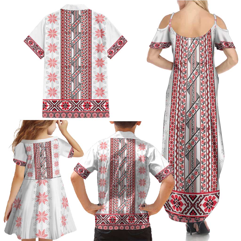 Ukraine Family Matching Summer Maxi Dress and Hawaiian Shirt Traditional Braided Rope Belt Red Folk Pattern