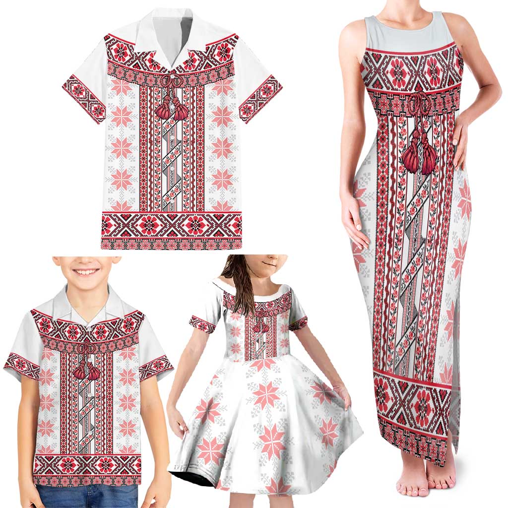 Ukraine Family Matching Tank Maxi Dress and Hawaiian Shirt Traditional Braided Rope Belt Red Folk Pattern