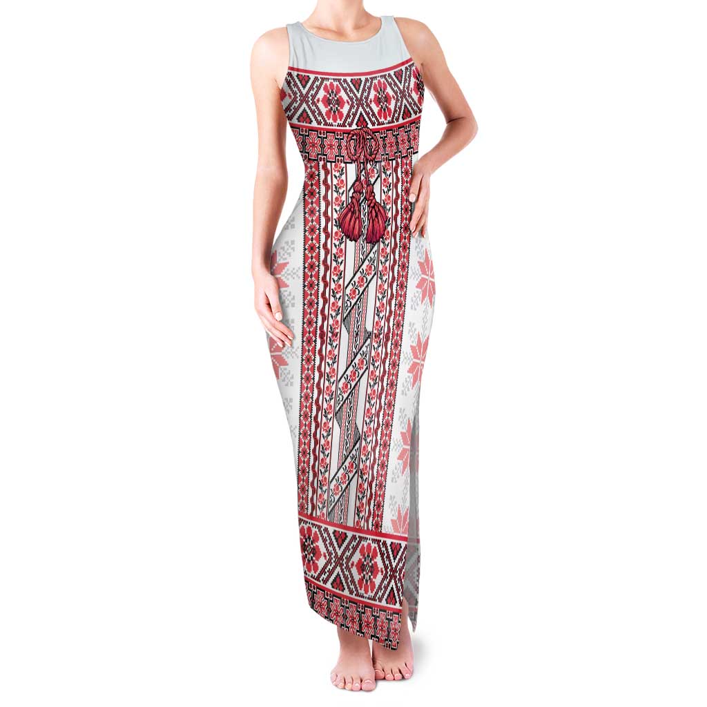 Ukraine Family Matching Tank Maxi Dress and Hawaiian Shirt Traditional Braided Rope Belt Red Folk Pattern