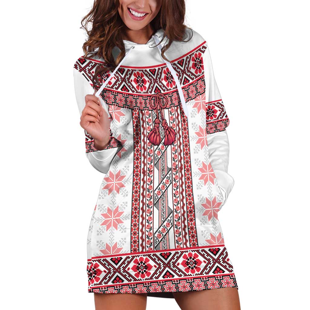 Ukraine Hoodie Dress Traditional Braided Rope Belt Red Folk Pattern