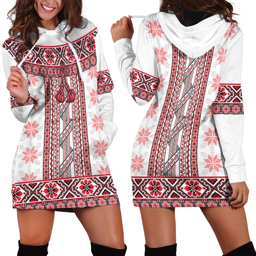 Ukraine Hoodie Dress Traditional Braided Rope Belt Red Folk Pattern