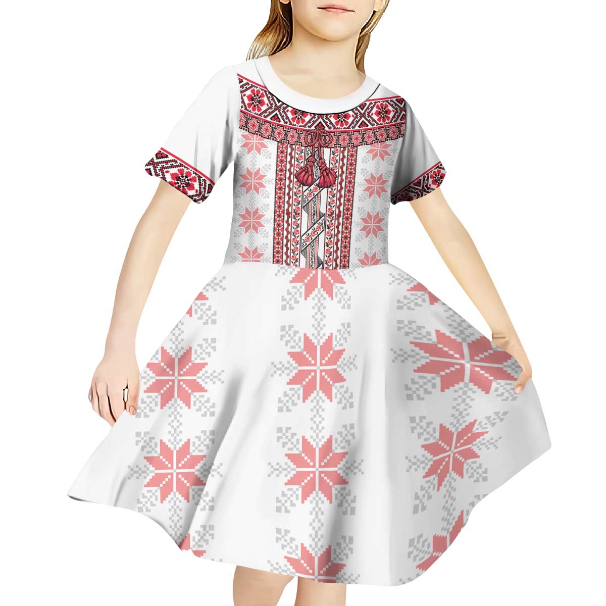Ukraine Kid Short Sleeve Dress Traditional Braided Rope Belt Red Folk Pattern