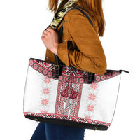 Ukraine Leather Tote Bag Traditional Braided Rope Belt Red Folk Pattern
